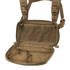 The Condor Stowaway Chest Rig in tan is open, revealing multiple zippered mesh compartments and interior straps—perfect for military or law enforcement applications.