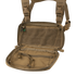 The Condor Stowaway Chest Rig in tan is open, revealing multiple zippered mesh compartments and interior straps—perfect for military or law enforcement applications.