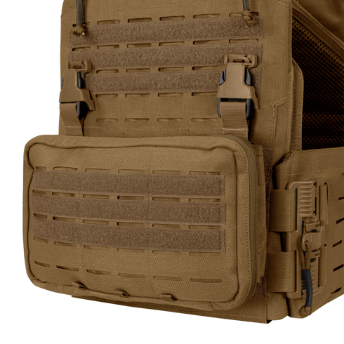 Close-up of the Condor Stowaway Chest Rig in tan, designed for law enforcement and first responders with a large front pouch, laser-cut MOLLE webbing, and adjustable straps.