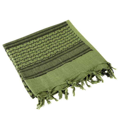 The Condor Shemagh in Olive Drab & Black features tasseled edges and a bold pattern, making it ideal as stylish headwear or a versatile protective layer.