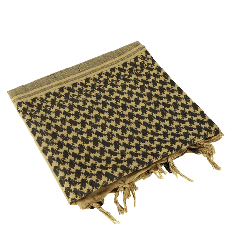 A Condor Shemagh in tan & black with a patterned design and tasseled edges is shown folded on a plain background, perfect for use as headwear or protective gear.