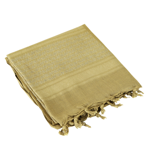 The Condor Shemagh in tan, featuring tassels at the ends, is a versatile protective scarf shown folded on a white background.