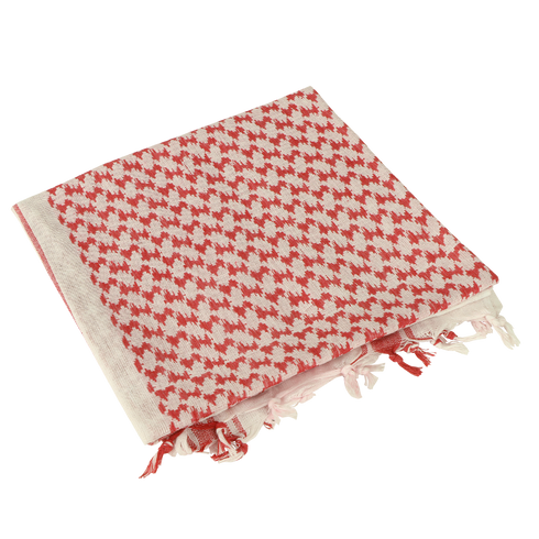 The Condor Shemagh in red & white is a traditional 100% cotton scarf with fringed edges, shown folded on a plain background.