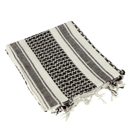 The Condor Shemagh in black & white features a bold pattern and fringed edges, ideal as stylish headwear or a protective layer.