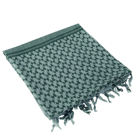 The Condor Shemagh in Foliage & Green features a classic pattern, made from 100% cotton with knotted fringe edges—ideal for use as traditional headwear.