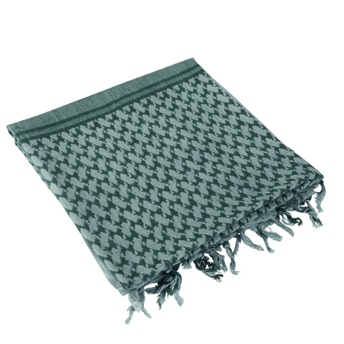The Condor Shemagh in Foliage & Green features a classic pattern, made from 100% cotton with knotted fringe edges—ideal for use as traditional headwear.
