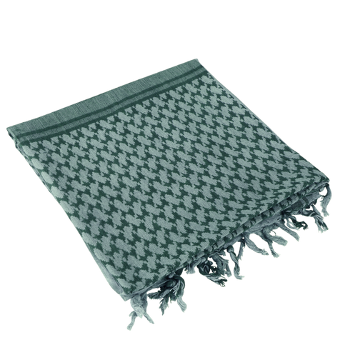 The Condor Shemagh in Foliage & Green features a classic pattern, made from 100% cotton with knotted fringe edges—ideal for use as traditional headwear.