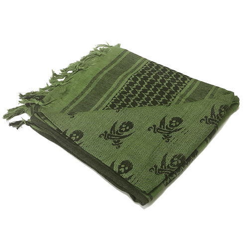 The Condor Shemagh - Pirate is a green and black patterned scarf with fringed edges, featuring geometric and skull designs—an excellent EDC accessory for bushcraft or the shooting range.
