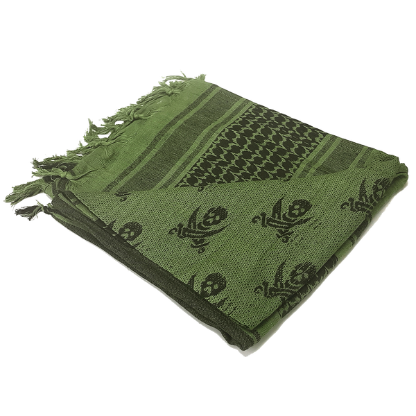 The Condor Shemagh - Pirate is a green and black patterned scarf with fringed edges, featuring geometric and skull designs—an excellent EDC accessory for bushcraft or the shooting range.