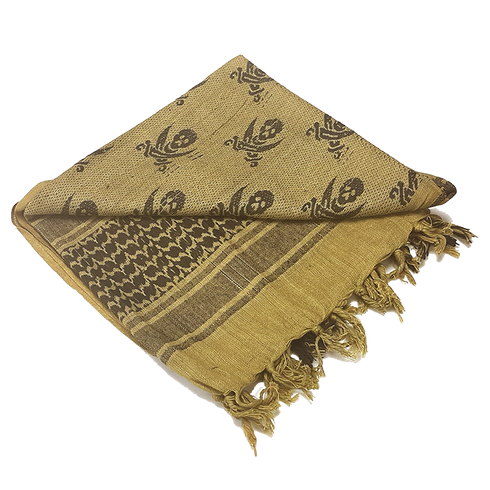 The Condor Shemagh - Pirate is a tan and black patterned scarf with fringe, featuring geometric and animal prints—perfect as an EDC accessory for first responders or shooting range enthusiasts.