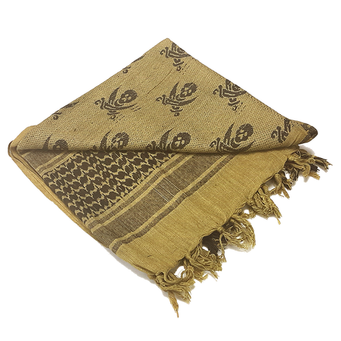 The Condor Shemagh - Pirate is a tan and black patterned scarf with fringe, featuring geometric and animal prints—perfect as an EDC accessory for first responders or shooting range enthusiasts.