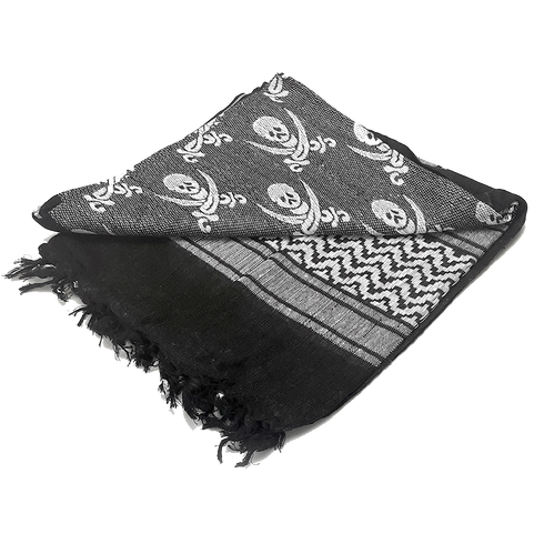 The Condor Shemagh - Pirate is a folded black and gray scarf with fringe edges, featuring skull and crossbones alongside geometric patterns—a bold accessory inspired by military style.