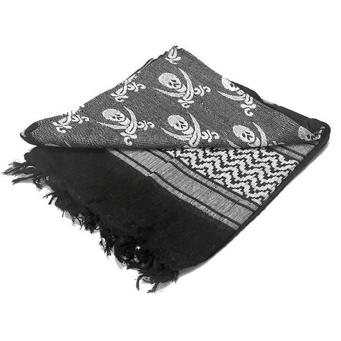The Condor Shemagh - Pirate is a folded black and gray scarf with fringe edges, featuring skull and crossbones alongside geometric patterns—a bold accessory inspired by military style.