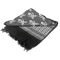 The Condor Shemagh - Pirate is a folded black and gray scarf with fringe edges, featuring skull and crossbones alongside geometric patterns—a bold accessory inspired by military style.