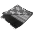 The Condor Shemagh - Pirate is a folded black and gray scarf with fringe edges, featuring skull and crossbones alongside geometric patterns—a bold accessory inspired by military style.