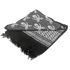 The Condor Shemagh - Pirate is a folded black and gray scarf with fringe edges, featuring skull and crossbones alongside geometric patterns—a bold accessory inspired by military style.