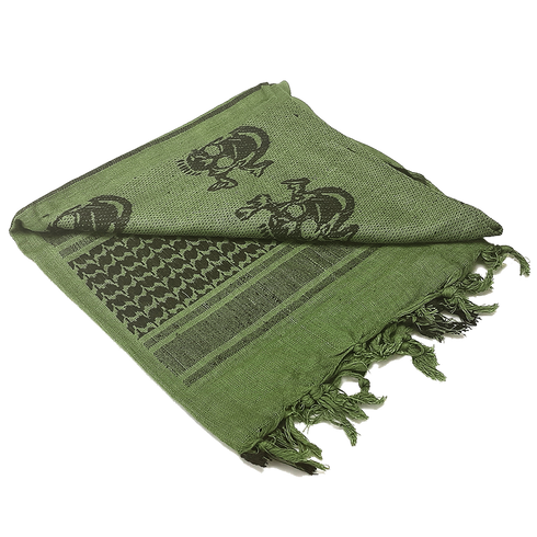 The Condor Shemagh - Skull is a green scarf with black skull patterns and fringe edges, featuring decorative designs and displayed folded on a white background.