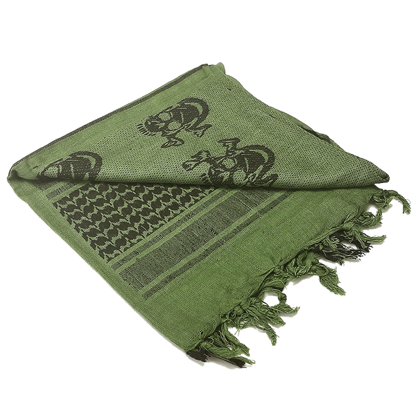 The Condor Shemagh - Skull is a green scarf with black skull patterns and fringe edges, featuring decorative designs and displayed folded on a white background.
