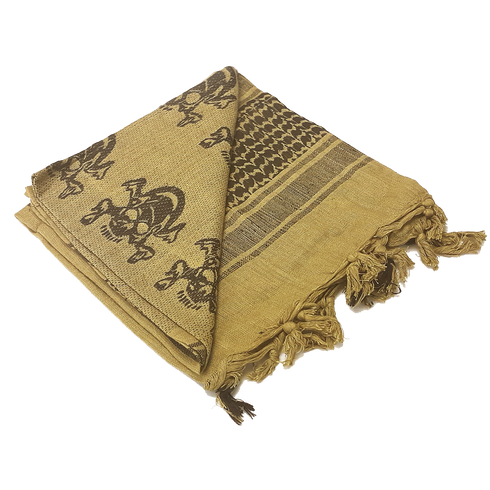 The Condor Shemagh - Skull is a folded tan scarf featuring black skull motifs, geometric patterns, and fringed edges.