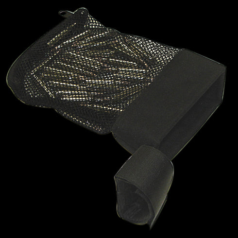 Condor M4/M16 Brass Catcher—black mesh and fabric cup holder with strap, designed to attach to objects or surfaces, shown on a plain background.