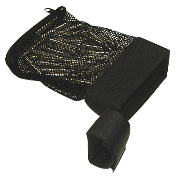 Condor M4/M16 Brass Catcher—black mesh and fabric cup holder with strap, designed to attach to objects or surfaces, shown on a plain background.