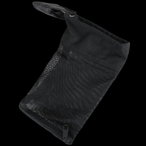 The Condor M4/M16 Brass Catcher is a black mesh pouch with a zipper at the bottom and a strap on the top corner, pictured against a transparent background.