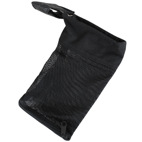 The Condor M4/M16 Brass Catcher is a black mesh pouch with a zipper at the bottom and a strap on the top corner, pictured against a transparent background.