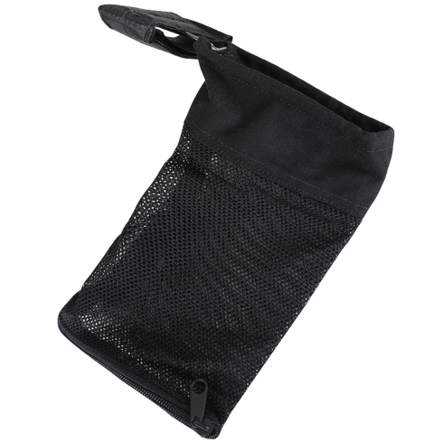 The Condor M4/M16 Brass Catcher is a black mesh pouch with a zipper at the bottom and a strap on the top corner, pictured against a transparent background.
