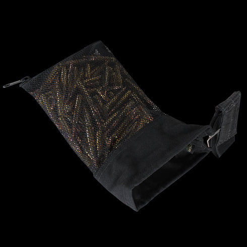 The Condor M4/M16 Brass Catcher is a black mesh bag with a Velcro flap, designed to collect loose brass-colored ammunition during use.