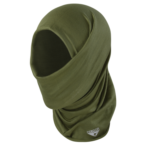 The Condor Multi Wrap in Olive Drab is a tactical balaclava hood that covers the head and neck, leaving a face opening, and features moisture-wicking fabric.