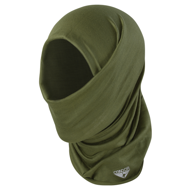 The Condor Multi Wrap in Olive Drab is a tactical balaclava hood that covers the head and neck, leaving a face opening, and features moisture-wicking fabric.