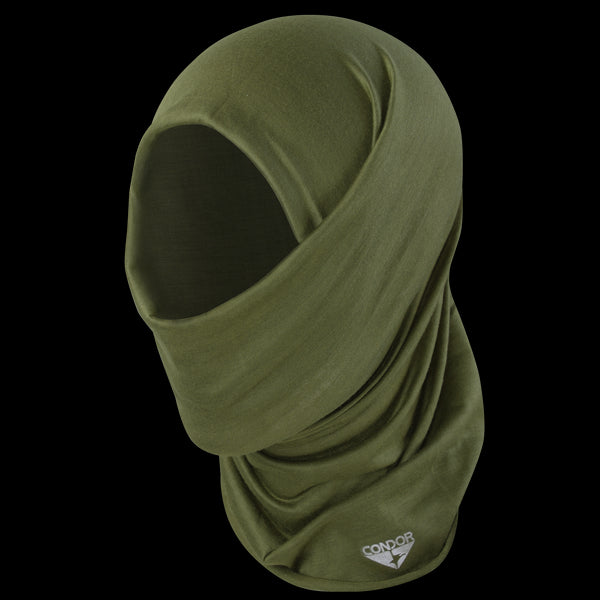 The Condor Multi Wrap in Olive Drab is a tactical balaclava hood that covers the head and neck, leaving a face opening, and features moisture-wicking fabric.