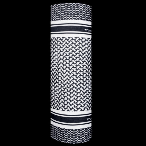 The Condor Multi Wrap in Shemagh Black features geometric black and white patterns with two stripes near the ends, perfect for versatile headwear, displayed against a white background.