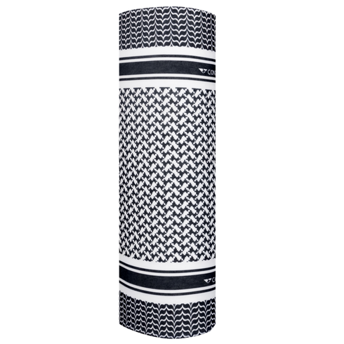 The Condor Multi Wrap in Shemagh Black features geometric black and white patterns with two stripes near the ends, perfect for versatile headwear, displayed against a white background.
