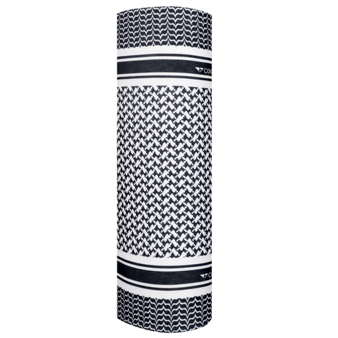 The Condor Multi Wrap in Shemagh Black features geometric black and white patterns with two stripes near the ends, perfect for versatile headwear, displayed against a white background.
