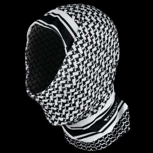 The Condor Multi Wrap is a black and white geometric patterned balaclava with a visible Condor logo on the neck. This versatile headwear offers moisture-wicking properties for all-day comfort.
