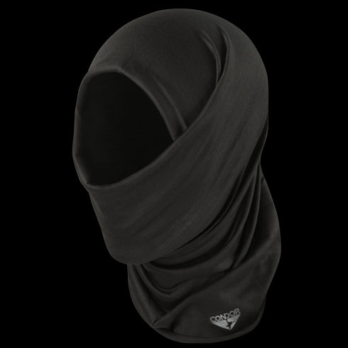 The Condor Multi Wrap is a black tactical face and neck cover, perfect for military or shooting range use. It covers the entire head except the eyes, with the Condor logo near the bottom.