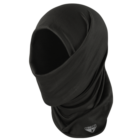The Condor Multi Wrap is a black tactical face and neck cover, perfect for military or shooting range use. It covers the entire head except the eyes, with the Condor logo near the bottom.