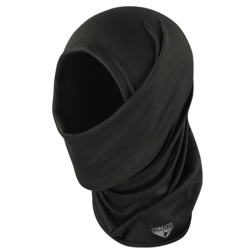 The Condor Multi Wrap is a black tactical face and neck cover, perfect for military or shooting range use. It covers the entire head except the eyes, with the Condor logo near the bottom.