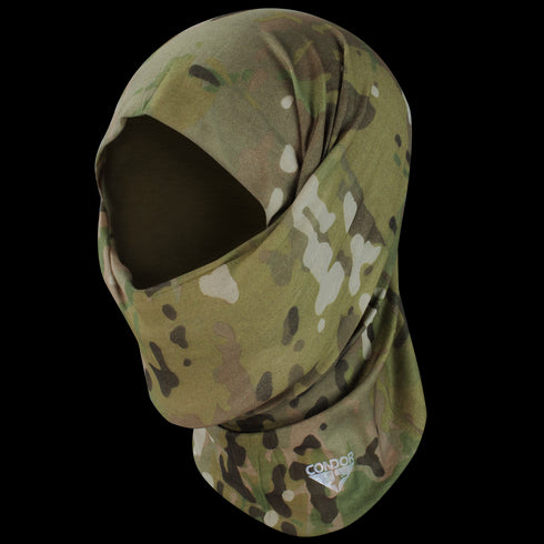 The Condor Multi Wrap - MultiCam is an open-face balaclava with a camouflage pattern and features the Condor logo near the bottom edge.