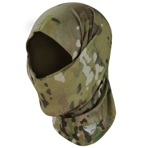 The Condor Multi Wrap - MultiCam is an open-face balaclava with a camouflage pattern and features the Condor logo near the bottom edge.