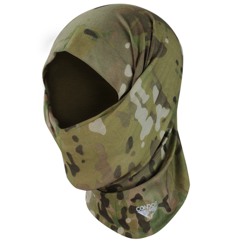 The Condor Multi Wrap - MultiCam is an open-face balaclava with a camouflage pattern and features the Condor logo near the bottom edge.