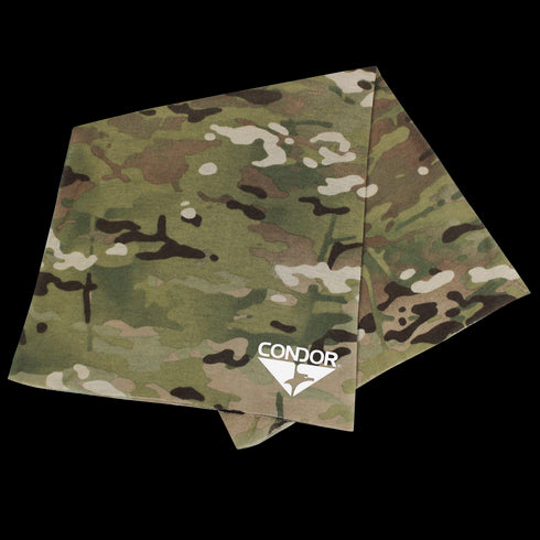 The Condor Multi Wrap - MultiCam is a folded, camouflage-patterned fabric bandana with the Condor logo in white on one corner, shown on a white background.