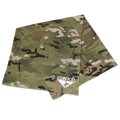 The Condor Multi Wrap - MultiCam is a folded, camouflage-patterned fabric bandana with the Condor logo in white on one corner, shown on a white background.