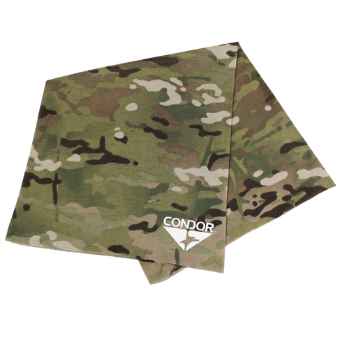 The Condor Multi Wrap - MultiCam is a folded, camouflage-patterned fabric bandana with the Condor logo in white on one corner, shown on a white background.