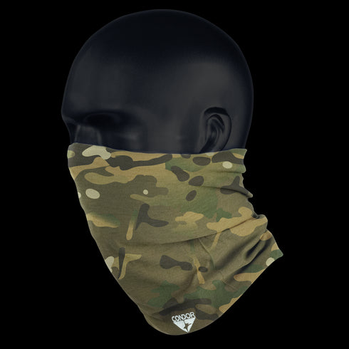 A mannequin head wearing the Condor Multi Wrap in MultiCam, featuring the Condor logo at the bottom.