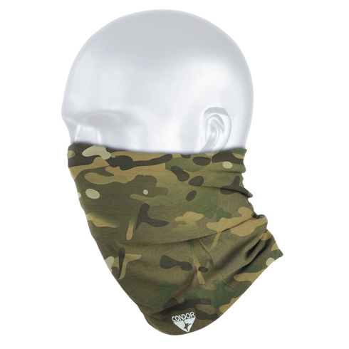 A mannequin head wearing the Condor Multi Wrap in MultiCam, featuring the Condor logo at the bottom.