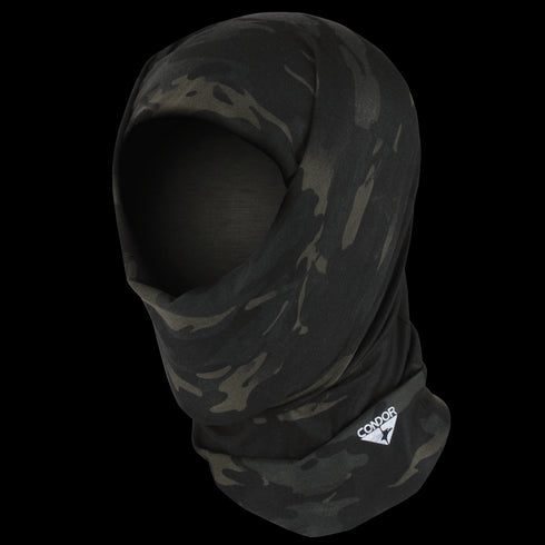 The Condor Multi Wrap in MultiCam Black covers the head and neck with an open-face design and features a black camo pattern.