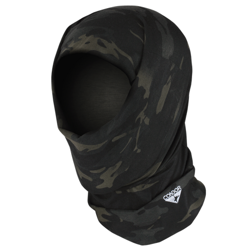 The Condor Multi Wrap in MultiCam Black covers the head and neck with an open-face design and features a black camo pattern.