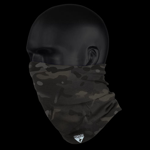 A mannequin head displays the Condor Multi Wrap - MultiCam Black, featuring a black camouflage pattern and a small Condor logo at the bottom.